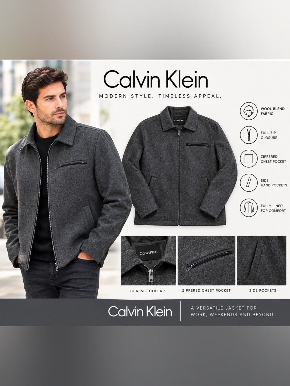 Calvin Klein Men's Charcoal Gray Zip-Front Wool Jacket Size Medium